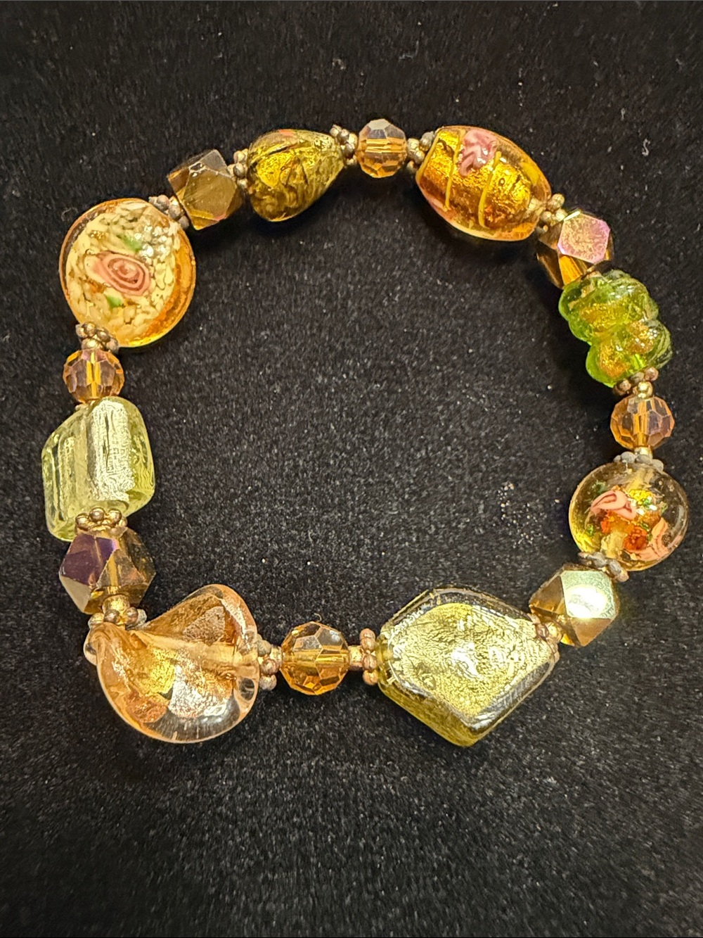 Multicolor Venetian-Style Glass Bead Stretch Bracelet - Gold & Green